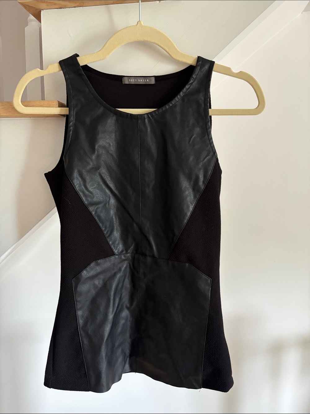Black Faux Leather Paneled Sleeveless Peplum Top